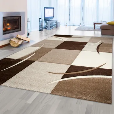 Produktbild von Designer Teppich Moderner Teppich Wohnzimmer Teppich Kurzflor Teppich mit Konturenschnitt Karo Muster Braun Beige Mocca Größe - 120 x 170 cm