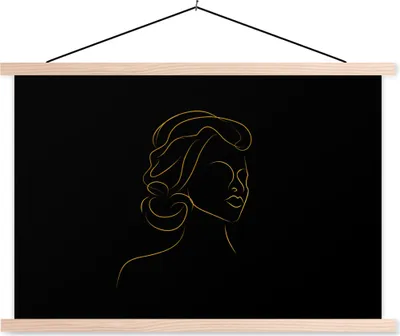 Produktbild von MuchoWow® Textilposter Frau - Schwarz - Gold - Strichzeichnung 120x80 cm mit holzfarbenen Rahmen - Aufhängeset