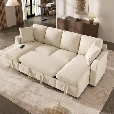 Produktbild von MODFU Modulares 4-Sitzer-Sofa,Relaxsofa mit Schlaffunktion,Ecksofa mit 2 Stauraum-Chaiselongues,ausziehbares Schlafsofa mit 2 Kissen,Chenille,Beige