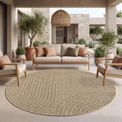 Produktbild von TT Home Outdoor Teppich Wetterfest Garten Schlafzimmer Flur Regenbogen Muster Boho Design Unifarben Sisal Look Moderner Style Größe 160 cm Rund
