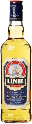 A bottle of Linie Aquavit on a white background.