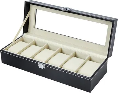Produktbild von Uhrenbox mit 6 Fächern, Glasdeckel, Kunstleder, schwarz, für Männer und Frauen