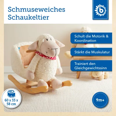 Produktbild von Bieco Plüsch Schaukeltier Schaf | Kinder Schaukelstuhl mit Sicherheitsgurt | Baby Schaukel | Schaukel Kleinkind | Schaukeltier Baby Zimmer | Baby Schaukelwippe ab 9 Monate | Schaukelpferd Holz