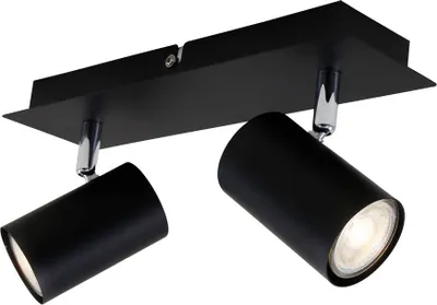 A black ceiling spotlight with two adjustable heads, shown against a white background.