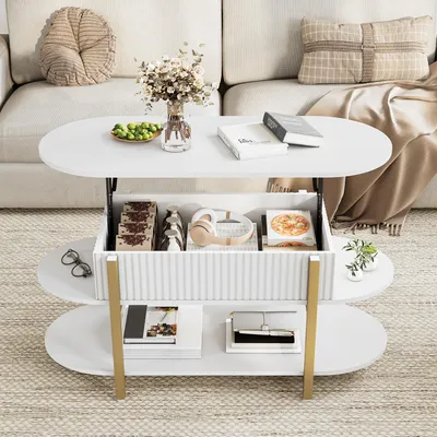 Produktbild von UnboxG Höhenverstellbarer Couchtisch 106 cm, Ovaler Kaffeetisch mit Stauraum, Weiß‑Goldene Metallbeine, für Wohnzimmer