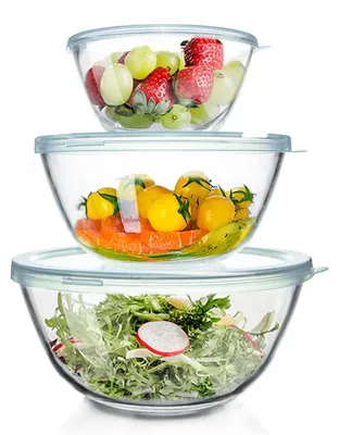 Produktbild von 3er-Set Glas-Rührschüsseln mit Deckel (4,2 l, 2,5 l, 1 l), runde Salatschüsseln zum Kochen, Backen und Zubereiten von Speisen, spülmaschinenfest