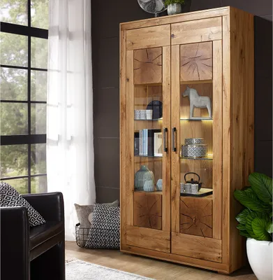 Produktbild von Vitrine 110cm mit Beleuchtung, Wildeiche massiv geölt, montiert, WINNIPEG-69