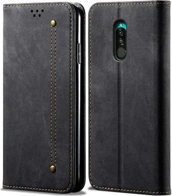 A black flip-style phone case for a Redmi 8 phone, shown from the front and back.