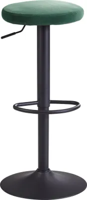 Barhocker Samt Grün 58-79cm Drehbar mit grünem Samtsitz und schwarzem Metallgestell in Gesamtansicht.