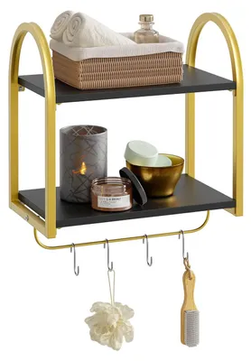 Image de Étagère tubulaire suspendue à deux niveaux, étagère murale de cuisine de style industriel avec des tubes ronds et des crochets, étagère murale en bois pour la décoration et le rangement, bibliothèque pour le salon ou la cuisine