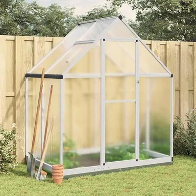 Imagen del producto de Invernadero de aluminio con estructura de base, de 169x114x202 cm, color plateado, con policarbonato resistente a los rayos UV. Ideal para cultivar verduras y proteger plantas en balcones, terrazas, exteriores, o como invernadero frío