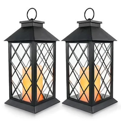 Two black lanterns with LED candles inside, set against a white background.