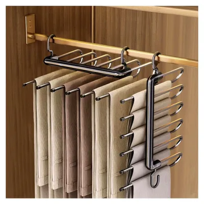 Produktbild von Kleiderbügel Platzsparend,6 Lagen Faltbare Kleiderbügel, Hosenbügel Platzsparend,Hosenbügel Multifunktionale Hosenablage,5 in 1 Plastik Edelstahl Hosenkleiderbügel,für Schals, Jeans, Hosen