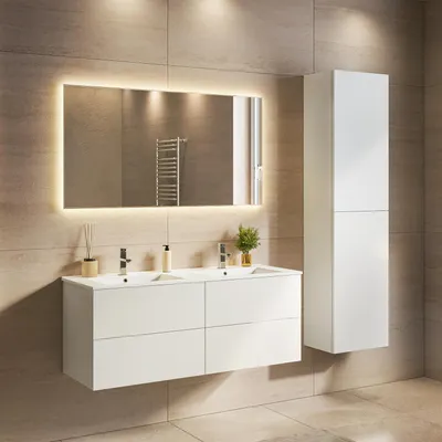 Produktbild von LOMAZOO Badmöbelset NUVANO 120 cm - Mit Hochschrank - Glänzend Weiß - Waschbecken Weiß