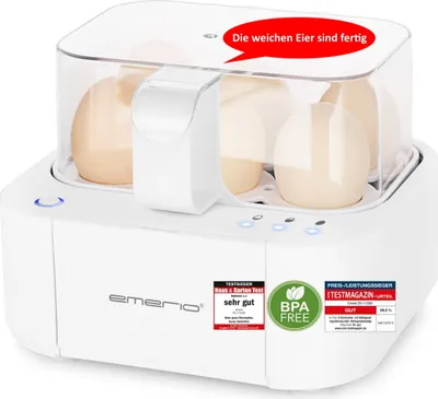 Produktbild von Emerio bester Eierkocher EB-115560 kocht alle drei Garstufen [weich|mittel|hart] in nur einem Kochvorgang mit perfektem Ergebnis und Sprachausgabe, einzigartig in Technik und Design