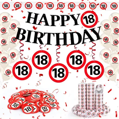 Productafbeelding van 18e verjaardagsdecoratieset met verkeersborden voor jongens en meisjes, ballonnen, slingers, vlaggetjes en confetti