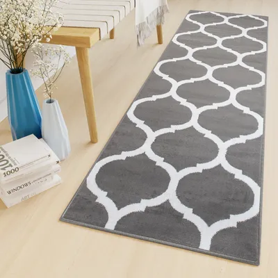 Image de Tapis de passage au mètre Pont Salon Chambre à coucher Tapis à poils courts Moderne Design Chiné Gris Blanc Oekotex 80 x 380