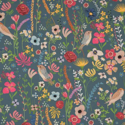 Produktbild von Outdoorstoff Meterware Polyacryl Teflonbeschichtung Floral Happy Garden Blumen Vögel blau bunt 140cm