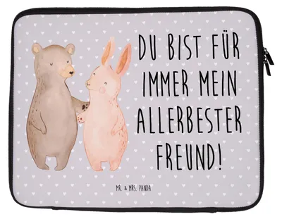 Produktbild von Mr. & Mrs. Panda Laptop Tasche Bär und Hase Umarmen 27 x 36 cm - Grau Pastell - Geschenk, Hülle, Freundin, Notebook, Freunde, Laptoptasche, für Immer, Umarmung