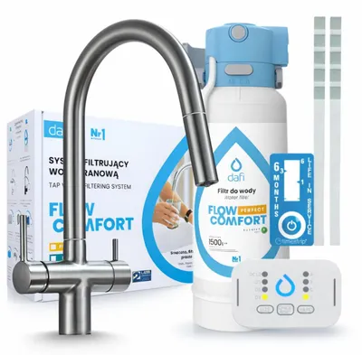 Produktbild von Ari 3-Wege-Küchenarmatur Slender, Graphit, Ausziehbare Spültischarmatur Im Set Mit Dafi D1 Wasserfiltersystem, Untertischanlage