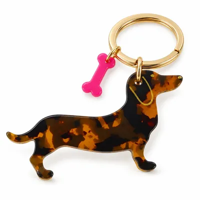 Produktbild von Dackel Schlüsselanhänger – Dackel Anhänger mit Knochen-Charm & goldfarbenem Ring, Taschenanhänger, Geschenk für Hundeliebhaber – Braun marmoriert