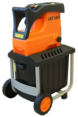 A garden shredder with a collection bin, shown in a studio setting against a white background.