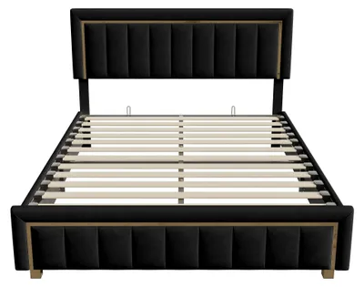 Produktbild von Samtbett - Doppelbett mit Bettkasten, hydraulische Liftfunktion - Metall-Lattenrost - 140x200 cm - Schwarz