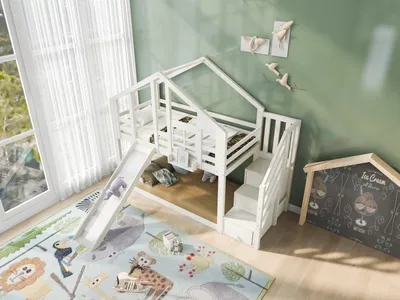 Imagen del producto de Cama nido de 90x200 cm con barandilla de protección, diseño de casa en árbol con cajón y 2 somieres, Cama nido infantil (con colchón) - blanca