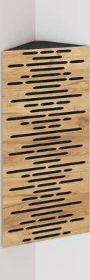 A corner acoustic bass trap with a wooden front panel featuring a wave-like pattern of black slots, mounted on a wall.