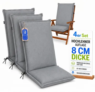 Produktbild von Pillows24 - 4x Hochlehner Auflagen 120x50x8 cm | Bequeme & Wetterfeste Gartenstuhlauflagen | Polster Sitzkissen für Gartenmöbel | EU | Grau