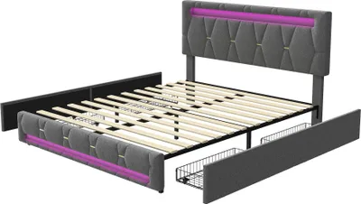 Image de CDGlobal Lit rembourré avec LED et tête de lit réglable en hauteur, lit double Lit de rangement Lit d'adolescent avec 4 tiroirs, lin, 140x200cm