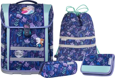 A set of school supplies including a backpack, a drawstring bag, a pencil case, and a small pouch, all featuring a blue and purple floral pattern with Disney Frozen characters.