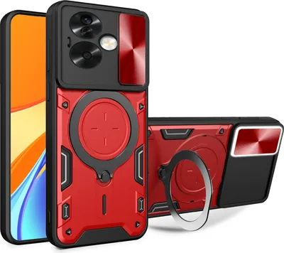 Produktbild von Handyhülle für Oppo A79 5G Dual-Layer Stoßfest Rüstung Hülle mit Dia Kameraschutz und Kreisförmig Ring Ständer Rot