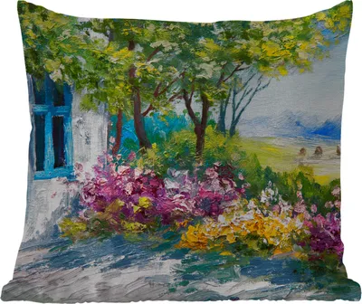 Produktbild von MuchoWow® Outdoor Kissen - Malerei - Pflanzen - Blumen - Haus - Öl - 50x50 cm - Wetterfest - Lounge Kissen - Komfortabel - Kissen mit Bild