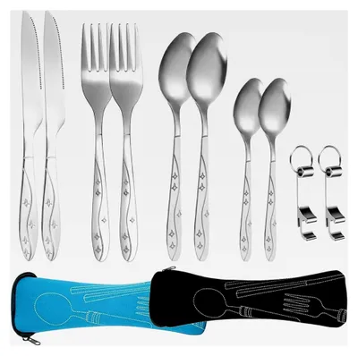 Produktbild von Edelstahl Campingbesteck für 2 Personen - Tragbare Outdoor Besteckset mit Etui, 10 Teile