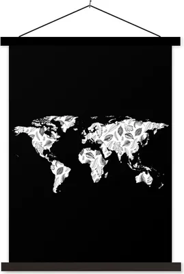 Produktbild von MuchoWow® Textilposter Weltkarte - Pflanzen - Schwarz 90x120 cm mit schwarzem Rahmen - Dekoration
