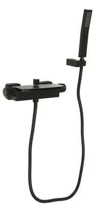 Produktbild von Badewannenarmatur Wasserfall - Wandmontage Mischbatterie - Edelstahl - Fester schwenkbarer Auslauf - Doppelgriff für Warm/Kalt - Duschstange - Schwarz