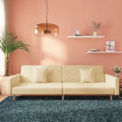Produktbild von Design Schlafsofa 2-Sitzer mit 2 Kissen Creme Stoff, Schlafsofas 2024 Neu