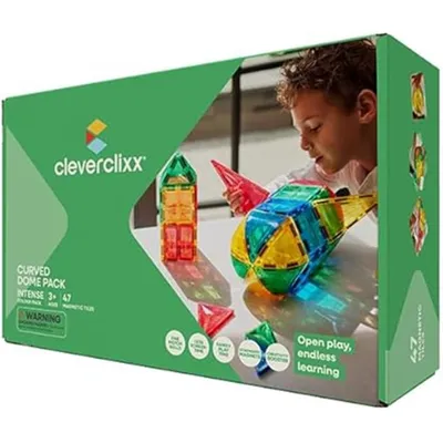 Produktbild von Cleverclixx Kuppel-Bausatz Knallfarben 47 Teile, abwechslungsreiche Formen, gebogene Magnetbausteine, robuster magnetischer Bausatz, ab +3 Jahren
