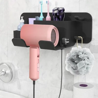Image de Support mural pour sèche-cheveux Ibenzoa® sans perçage – Support mural en ABS, résistant à l'eau et à la corrosion, avec système de rangement pour le câble et compartiment pour accessoires, idéal pour la salle de bain, l'hôtel ou le salon