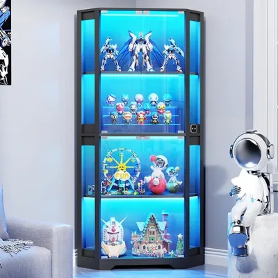 Produktbild von BROTTAR Eck-Glasvitrine Schwarz, 4 stabile Böden, integrierte LED-Beleuchtung, moderne Glasvitrine für Sammlung & Dekoration
