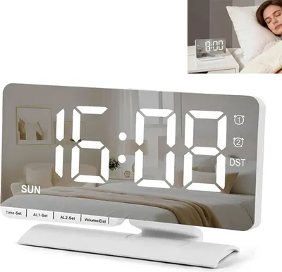 Produktbild von Wecker Digital, LED Digital Uhr, 7,3" Tischuhr mit Schlummerfunktion, Zwei Weckzeiten, Wochentagsanzeige, 6 Helligkeit, 5 Lautstärke, Spiegel Wecker