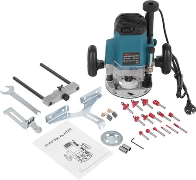 A collection of woodworking tools, including a router and various accessories, laid out on a white background.