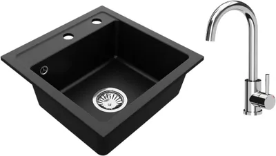 Immagine prodotto di VBChome Lavello in granito 44 x 44 cm Nero con rubinetto Lavello da incasso a vasca singola Speckled Lavello di facile manutenzione con sifone Ideale per piccole cucine