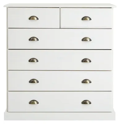 Produktbild von Kommode PARIS aus Massivholz, Weiß - Apothekerkommode aus Kiefernholz mit 6 Schubladen, Landhausstil mit Muschelgriffen, Schubladenschrank ideal für Schlafzimmer oder Eingangsbereich