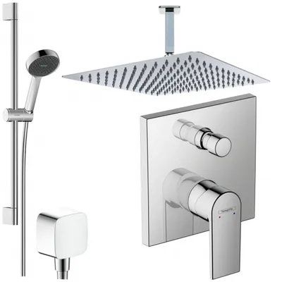 Produktbild von Hansgrohe und Jowi Unterputz Duschsystem, 650mm Brausestange, 300x300mm Kopfbrause, Vernis Shape Duscharmatur, Deckenanschluss, OHNE iBox
