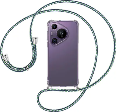 Produktbild von Handykette Backcover-Schutzhülle mit Band (Metall silberfarben) für Huawei Pura 70 Pro / Pro+ - grün/blau/weiß