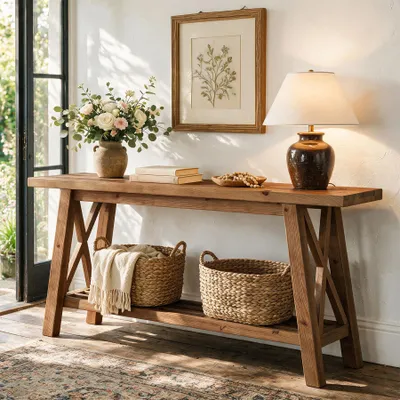 Image de Table console en bois massif de 160 cm, table d'entrée à deux niveaux avec espace de rangement, table d'appoint de style rustique avec structure en forme de X, table d'appoint placée derrière le canapé