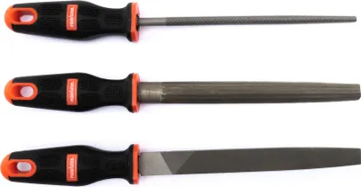 Produktbild von 3-teiliges Feilen-Set mit Flach- und Rundfeile, 18 cm Arbeitsfläche, Kunststoffgriff