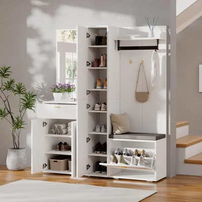 Immagine prodotto di Set completo per guardaroba, composto da: mobile con specchio, appendiabiti, 3 ante, scaffale a ribalta per scarpe, panca, cassetto, armadio a parete, mobiletto per l'ingresso, colore bianco